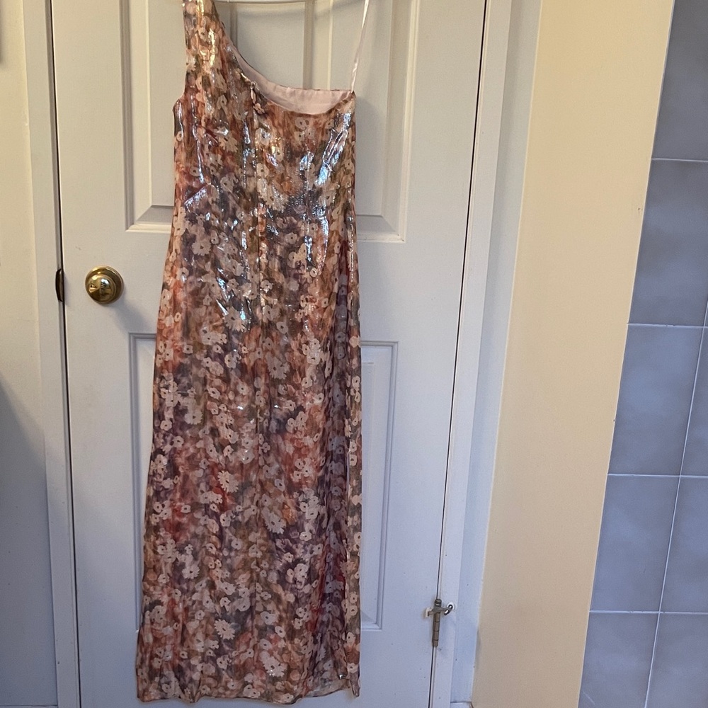 New Club Monaco Metallic Floral One-Shoulder Dress Size 0 - Picture 6 of 6